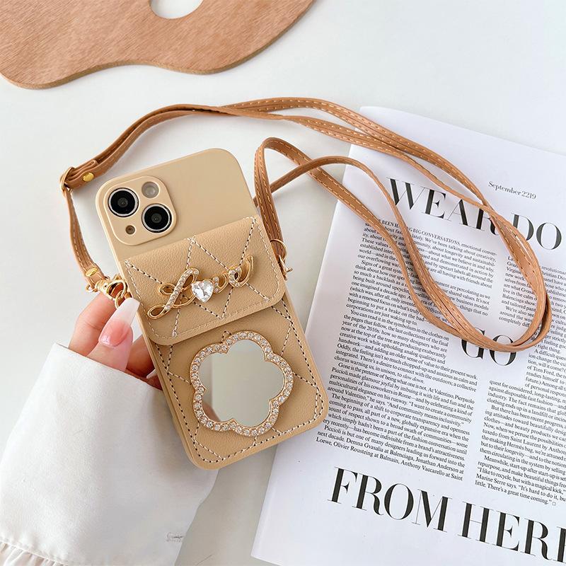 For Apple 14 Wallet Phone Case for IPhone 16 Mirror Sticker 13 Crossbody Rope 15 Card Holder Anti-fall Protective Case