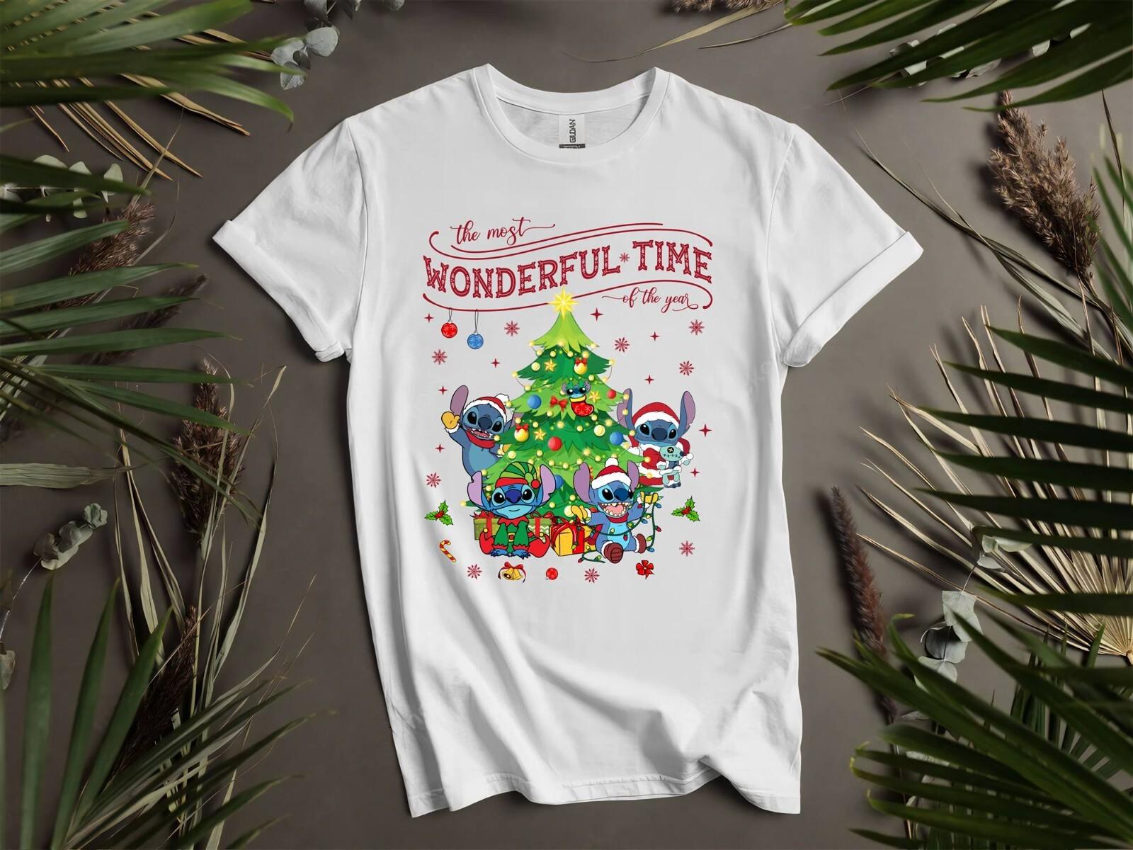 Stitch Christmas Wonderful Time T-Shirt Mens Womens Tees Top T Shirt Mens Womens Tees Top Men Women Unisex Tshirt I110 XL