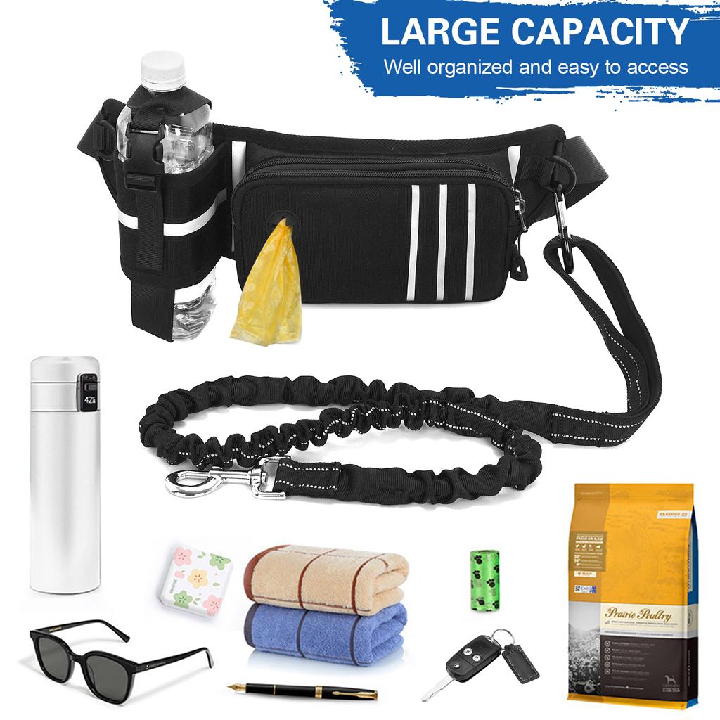 Hands Free Dog Leash Waist Bag Reflective Waist Pouch with Retractable Bungees Poop Bag Dispenser