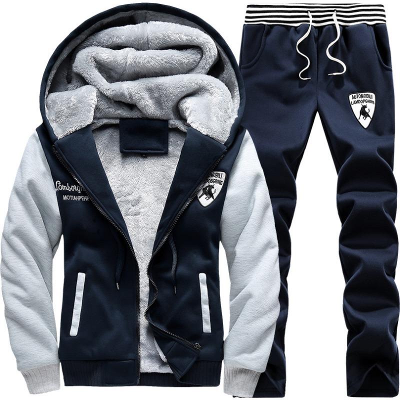 Men's Thickened Thermal Zip Up Hoodie Sweatpants Set Winter Sportswear