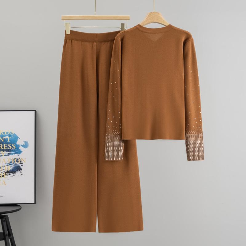 Long-sleeved Knitted Cardigan and Fashionable Wide-leg Pants Two-piece Set for Women's Autumn Casual Wide-leg Pants