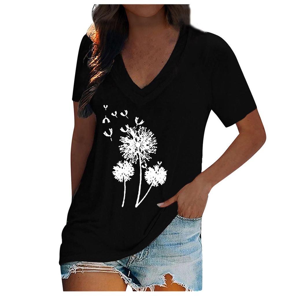 Women's Fashion V-neck Print Pullover Casual Short-sleeved T-shirt