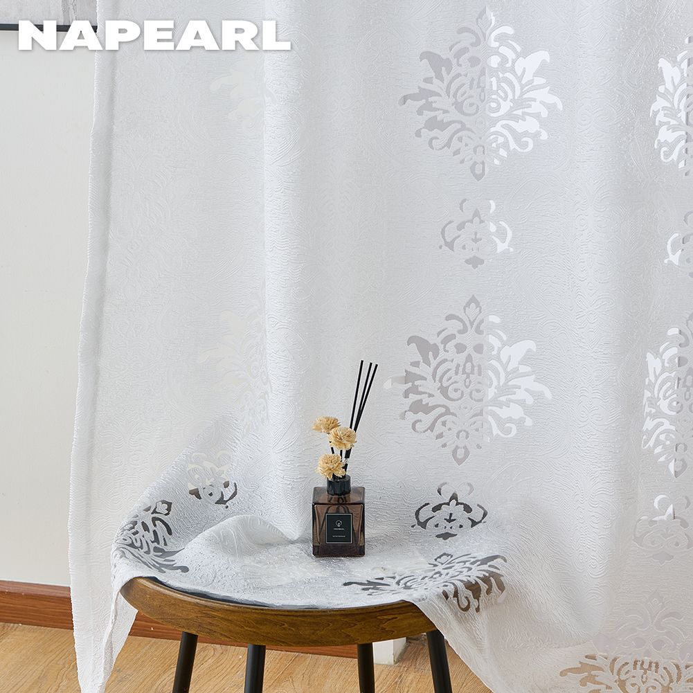 Cortina transparente de tule clássico e elegante, 1 peça, estilo NAPEARL, 10% blackout, versátil, jacquard, para cozinha, sala de estar, quarto, varanda, janela, decoração de casa