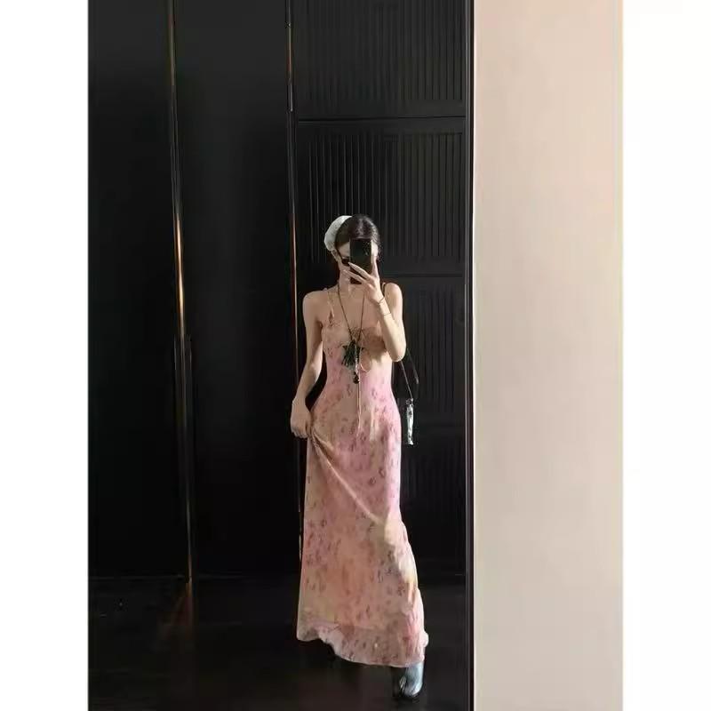 Summer Waist Skirt Temperament a Word Long Skirt French Vacation Style Pink Floral Suspender Dress Women