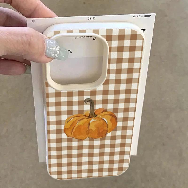 Checkered Pumpkin Personalized Mobile Phone Case For iPhone 16 Pro Max 15 Plus 14 13 12 11 17 Air XS XR X Faux Leather Cover