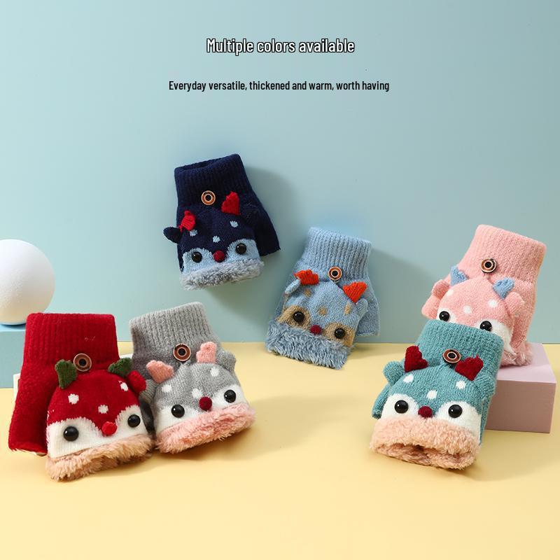 Kinder Rentier Fleece-gefütterte Fäustlinge mit Klappe, Gestrickt für Wärme, Halbfinger-Stil, Ideal zum Schreiben, Alter 3-10 Jahre, Herbst/Winter.