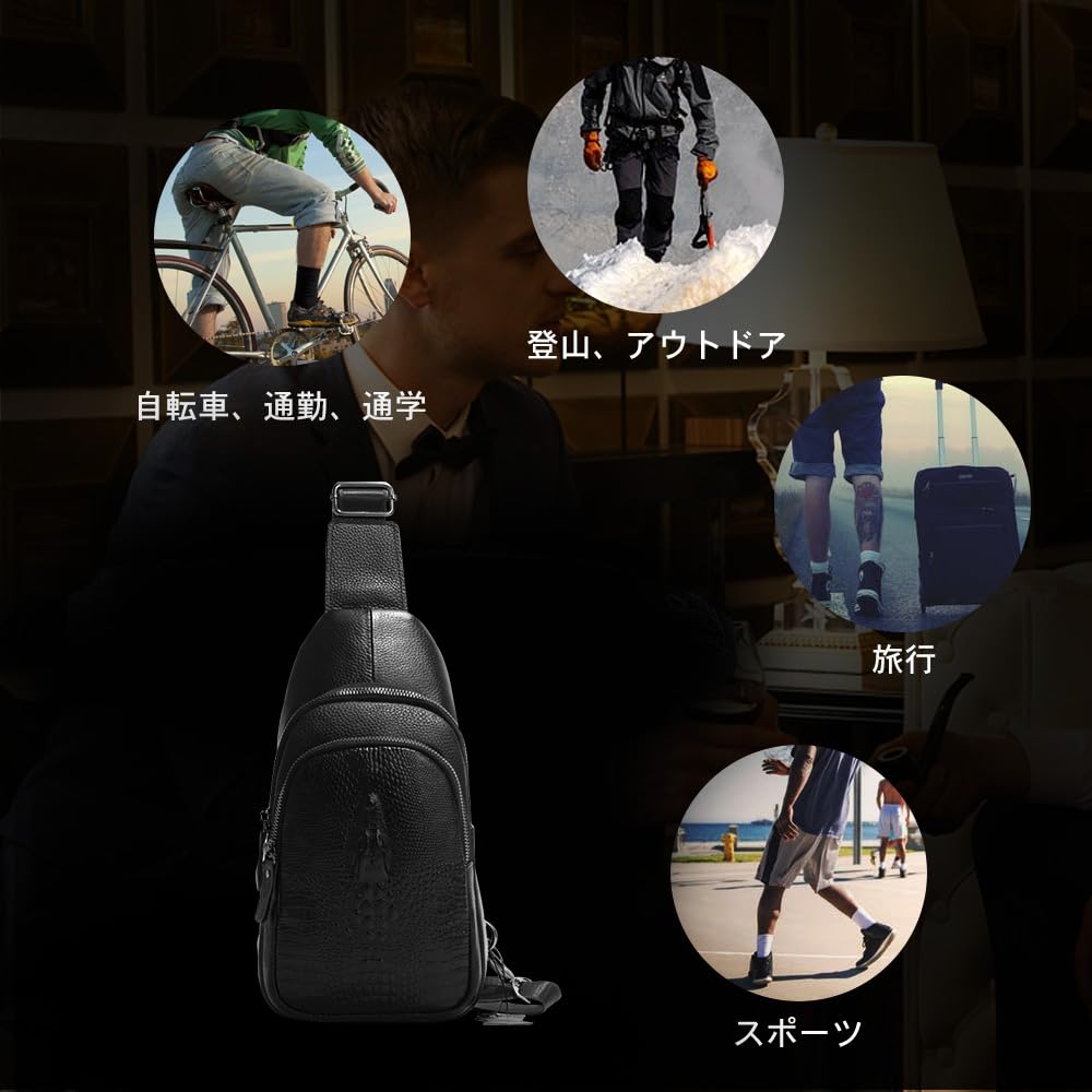 Whatna Natural Cowhide Leather Crossbody Chest Genuine Leather 612 Crocodile-Embossed One-Shoulder Men's Bag, Bag, Bag, Reversible, Leather, Thick,