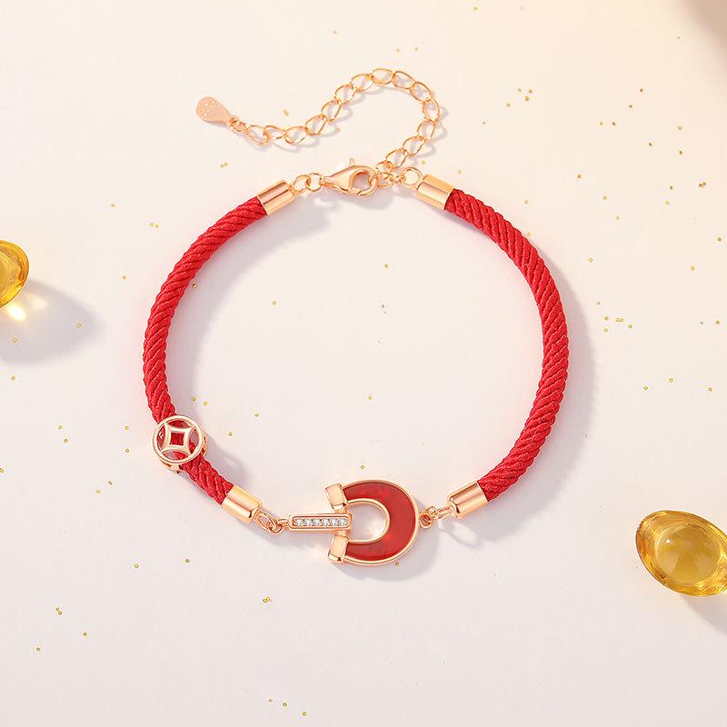 Tichiya S925 Sterling Silver Red Agate Horseshoe Bracelet for Women - Chinese Zodiac Red Rope Jewelry