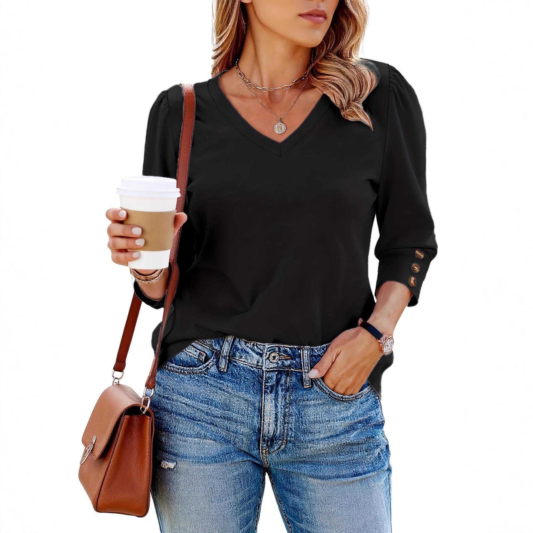 

Plus Size Women s Solid V-Neck 3/4 Sleeve Casual Top - European/American Spring & Summer 2025 Collection 1XL