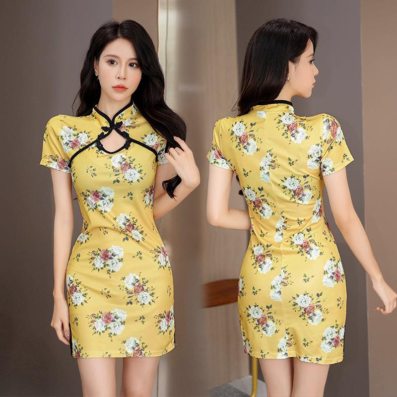 High-end French national style printed cheongsam dress women's summer new celebrity temperament versatile hip-wrapped short skirt