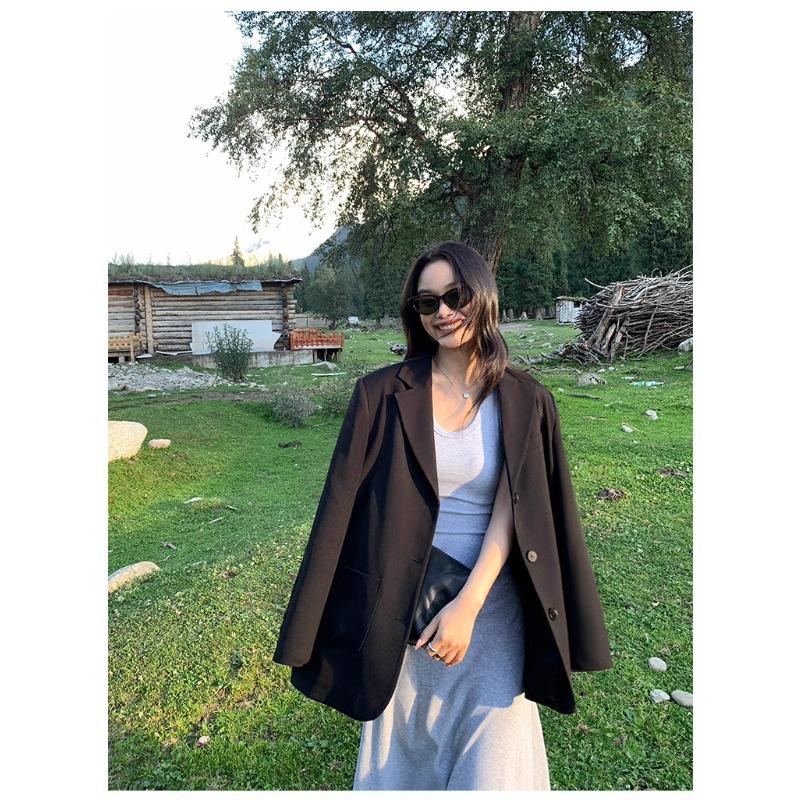 Stylish Grey Blazer Women Casual Office Wear Spring Autumn Bow Knot Split Design