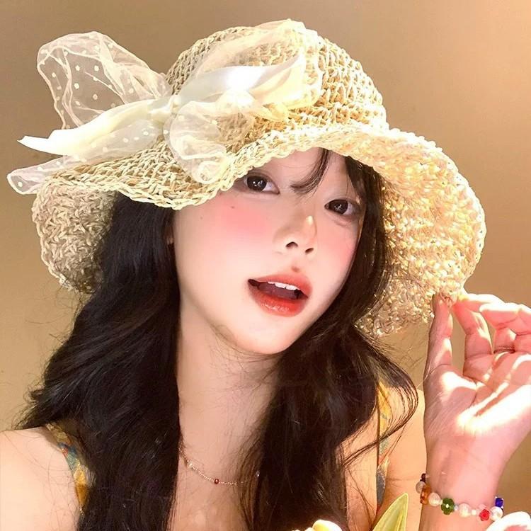 Butterfly Knot Lace Sun Hat For Women Summer Beach Sun Protection Foldable Wide Brim Fashion Accessory