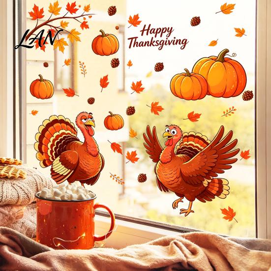 Thanksgiving Glass Clings Static Window Clings, Cartoon Double Turkey Pumpkin Maple Leaf No?Glue Creative Gifts Decals, Waterproof Stickers for Home