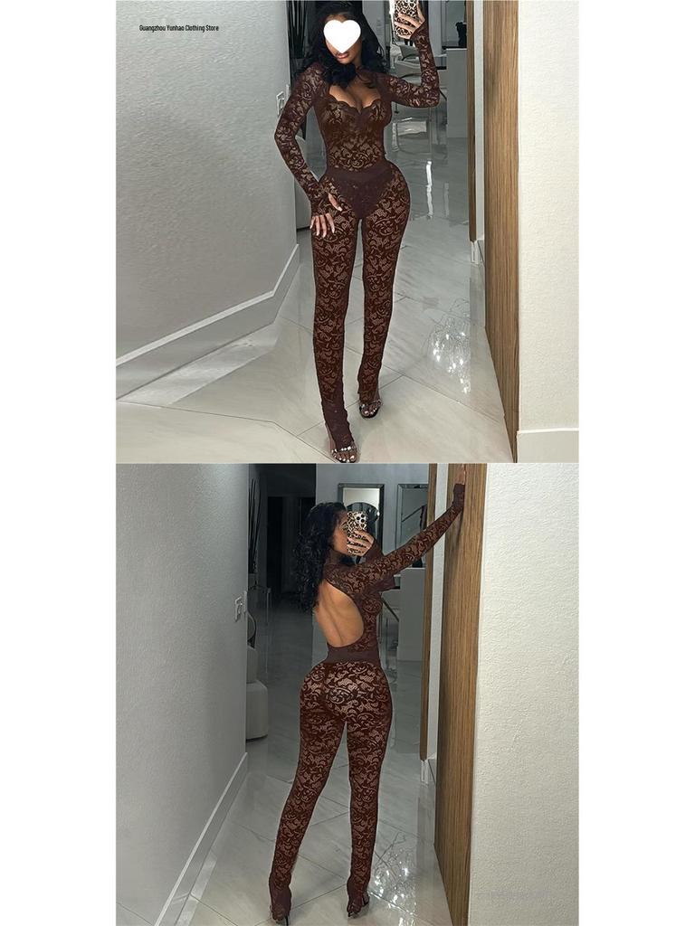 European & American Style 2026 Autumn Street Hot Girl Lace See-through Tight-fitting Pants Set