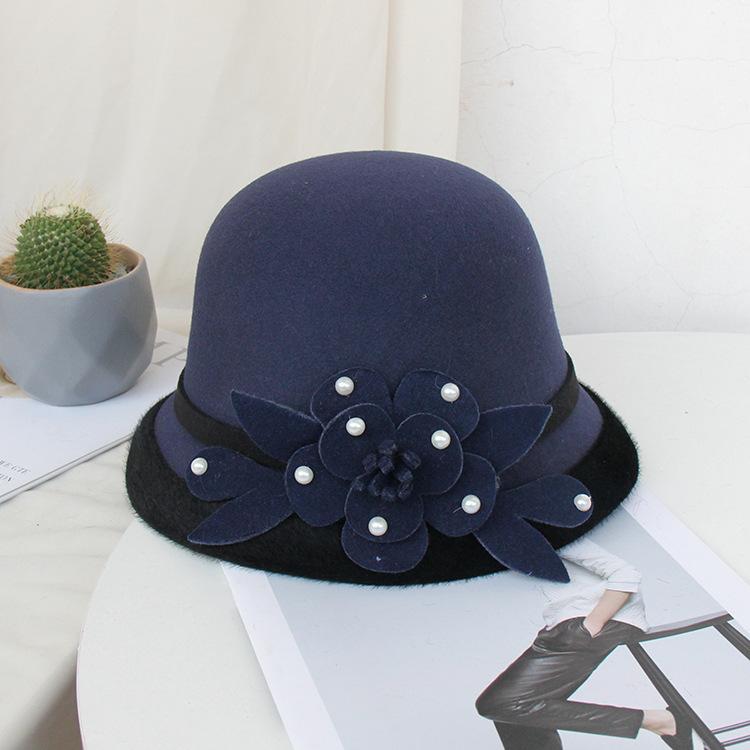 Ny Ullen Bucket Hatt Dam Höst och Vinter Fritid Bassänghatt Mode Pärlblomma Filt Topphatt
