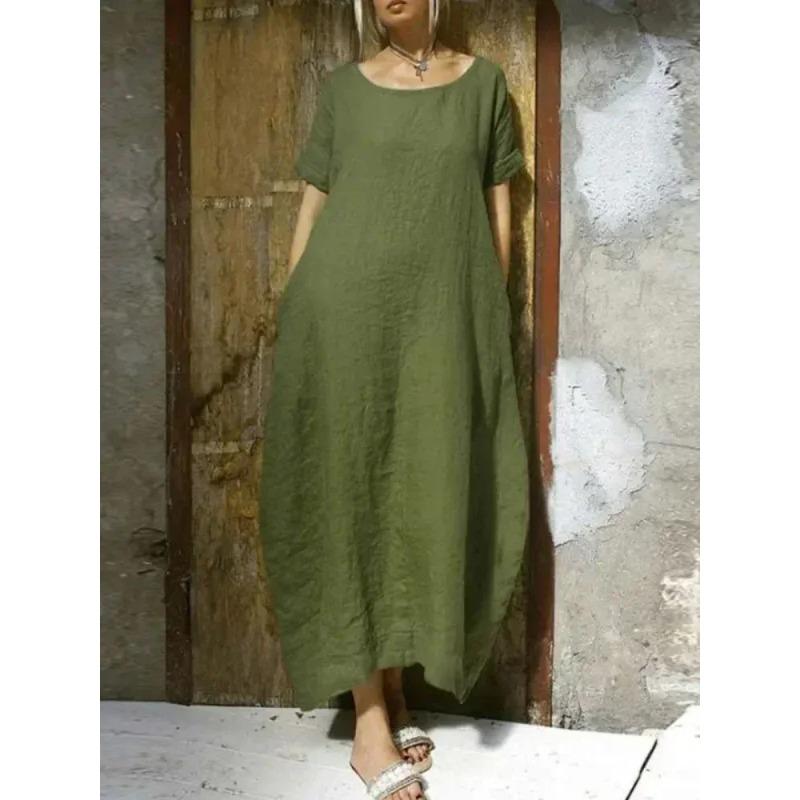 Casual Women Long Dress Oversized Loose Short Sleeve Dress Women Reathable Round Neck Holiday Dresses  Autumn