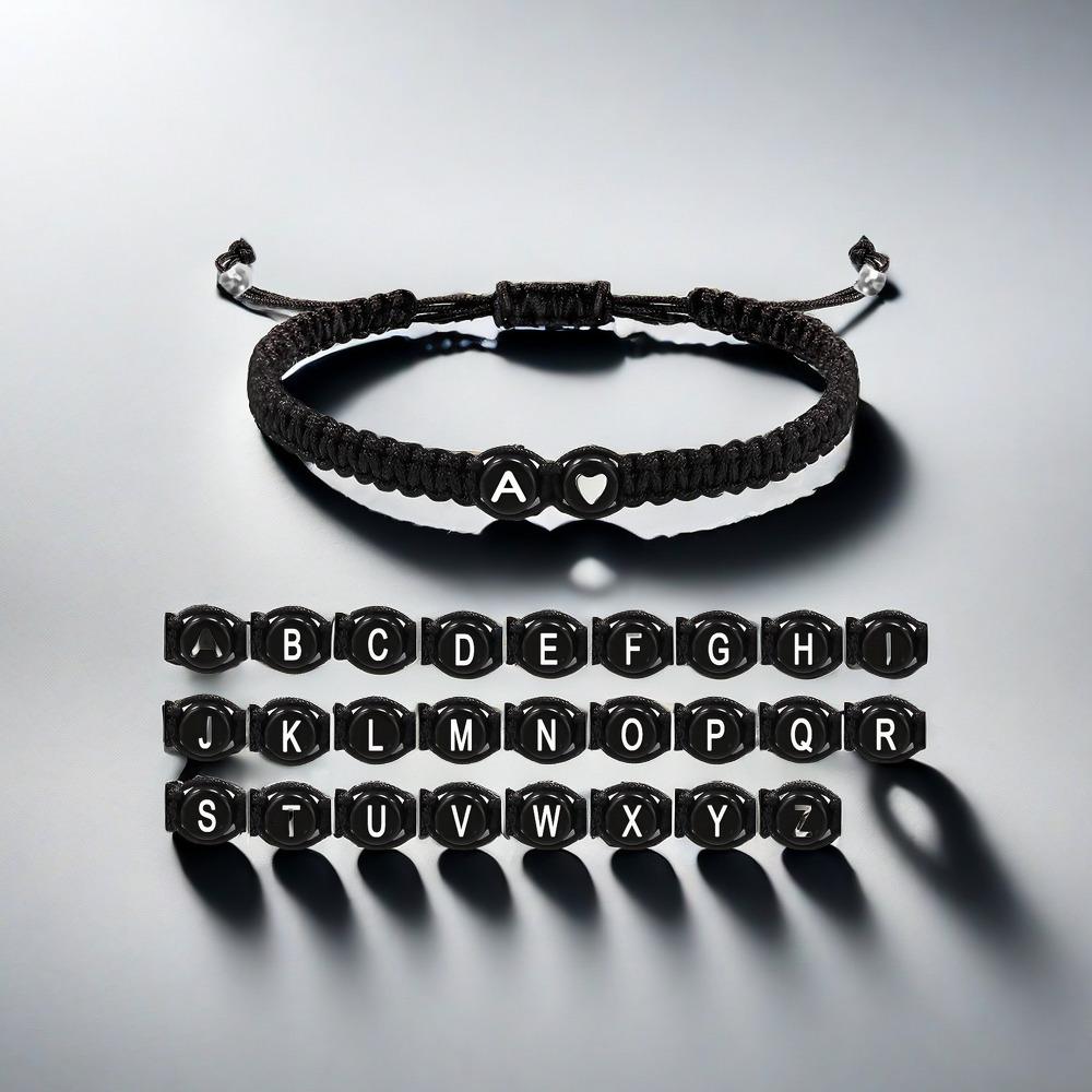 Adjustable Hand-woven Bracelet: Black with White Letter, Heart, Silver Bead - Choose from 26 English Alphabets.
