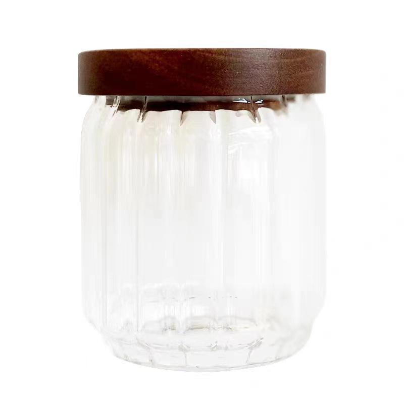 Wave Stripe Glass Storage Jar with Wood Lid for Coffee Beans