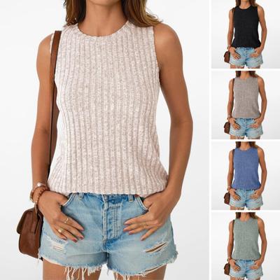 Women Tops Round Neck Sleeveless Slim Fit Knitted Tops Solid Color Elastic Ribbed Tank Tops Daily Wear