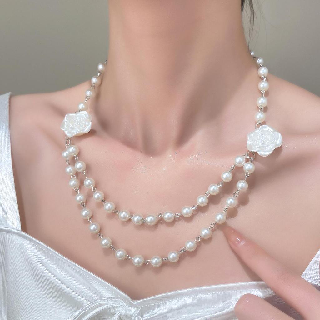 Women's High-End European & American Jewelry Set: Double-Layer Pearl Choker, Clavicle Necklace, Bracelet & Earrings