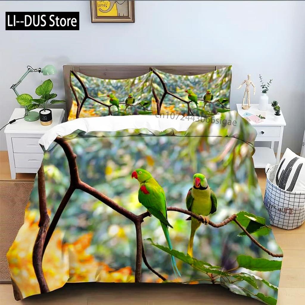 Macaws Duvet Cover Set Full Size Colorful Parrots Bedding Set 3pcs for Boys Girls Room Decor Quilt Cover with 2 Pillowcases