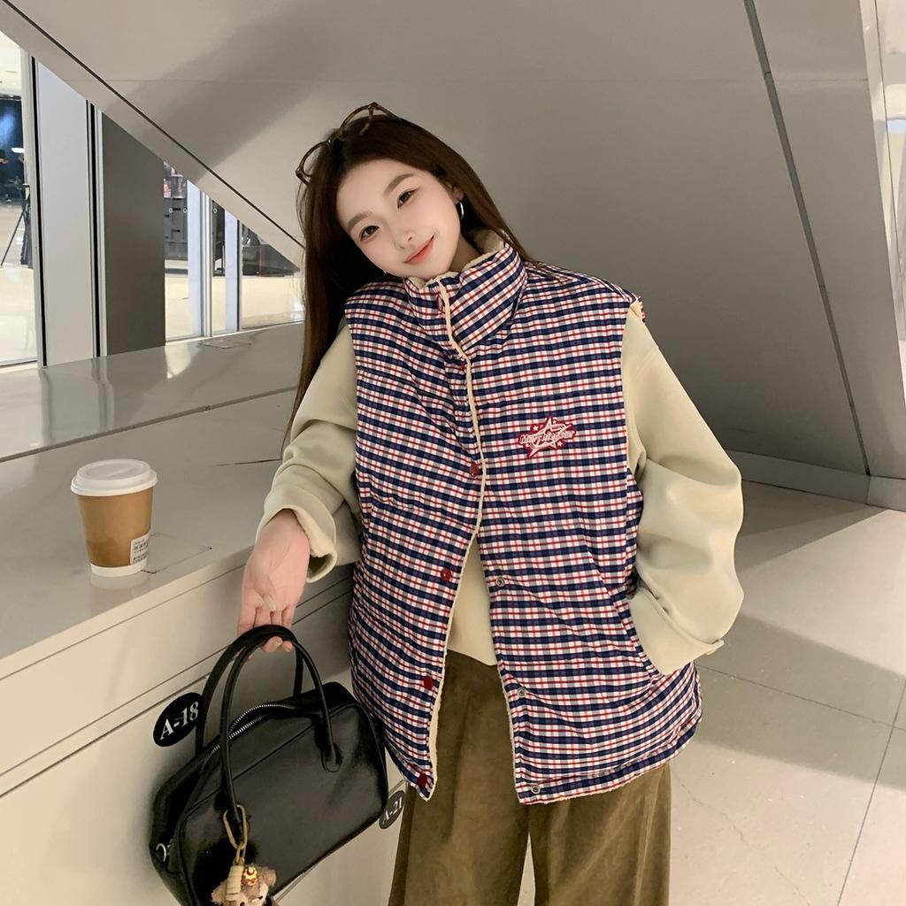 Wearing down cotton-padded jackets on both sides, women's new lamb wool vest, loose small cotton-padded jacket