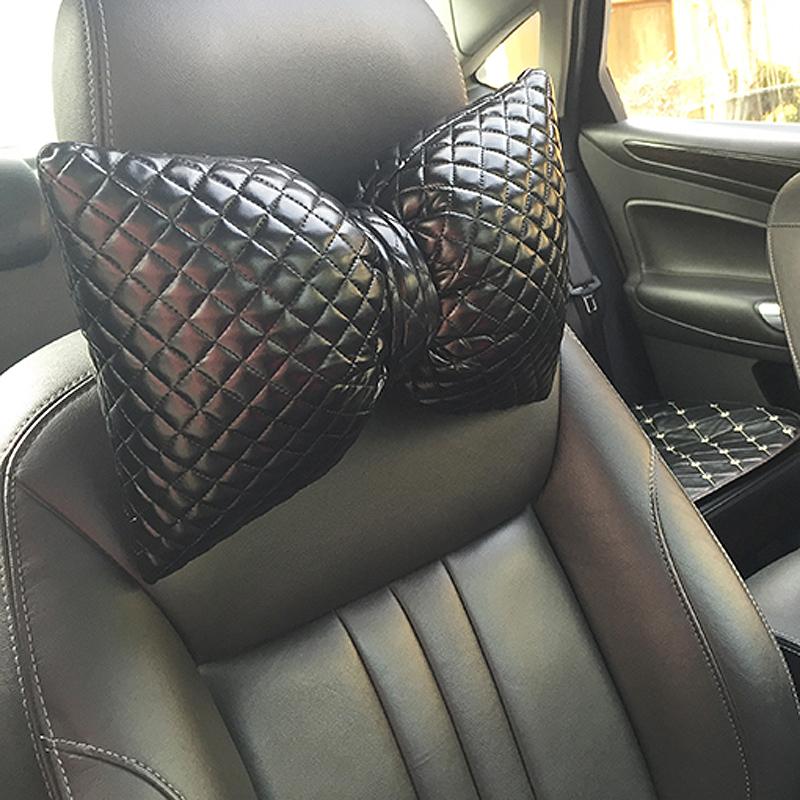 Classic Bowknot PU Leather Car Neck Pillow Waist Support Pillows Auto Seat Headrest Cover Car Accessories for Women Girls