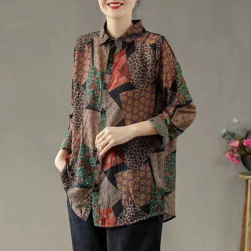 Non-real shot, retro printed shirt women's cotton and linen literary loose casual long-sleeved top 1116 spring and summer new models