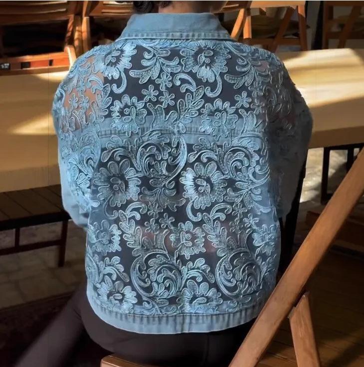Dames doorzichtige bloemenkant geborduurde patchwork denim lange mouwen jas casual streetwear korte buitenjas voor lente herfst