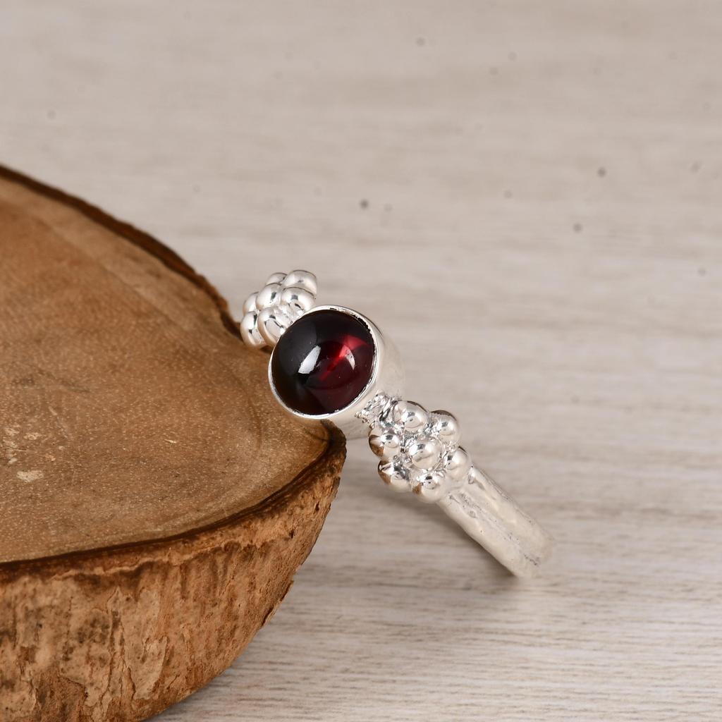 Natural Garnet 925 Sterling Silver Ring, Minimalist Garnet Stacking Ring, Handmade Silver Gemstone Ring for Women.