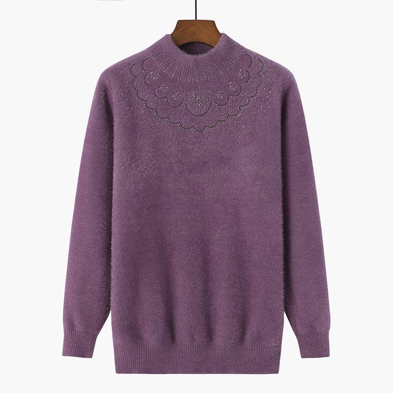 Fashionable Fleece-Lined Grandma's Knit Sweater: Half-High Collar, Imitation Mink Hair, Plus Size