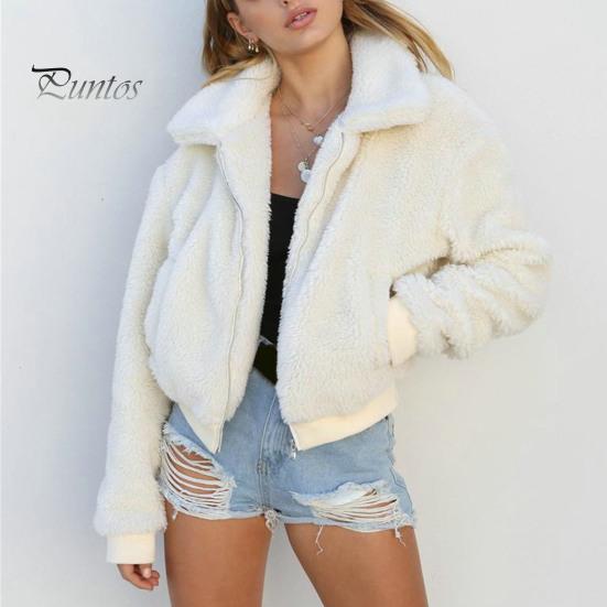 Lapel Women Jacket Winter Coat Thick Plush Solid Color Long Sleeve Zip Up Soft Warm Pockets Casual Elastic Cuff Outdoor Short Cold Weather