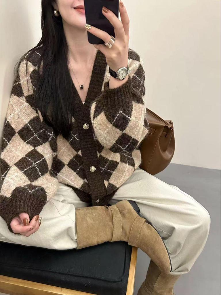 Argyle Strick Nerz Fleece Pullover Cardigan - Gemütliche Herbst-/Winterbekleidung