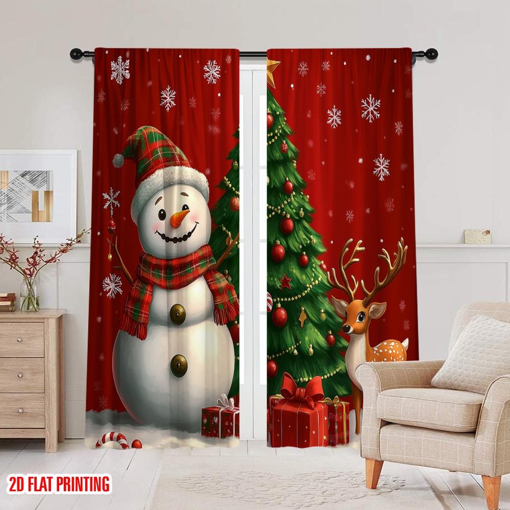 Set Of 2 Plane Printing Curtains Christmas Tree Snowman Deer Holiday Versatile Durable Polyester Without Rod Sheer Made