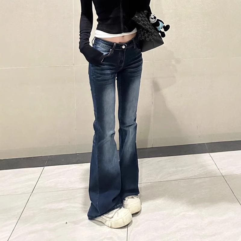 Spicy Girl Deep Blue High Waist Bootcut Jeans - Petite Elastic Slimming Distressed Straight Leg Pants