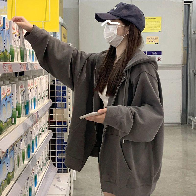 Korejský Oversized Mikinový Svetr s Kapucí pro Ženy - Podzim/Zima Sametový Silný Top v Uvolněném Stylu