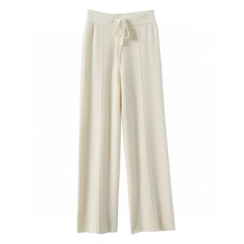 Women's High-Waisted Wide-Leg Knit Pants - Warm, Thick, Casual Floor-Length with Drawstring