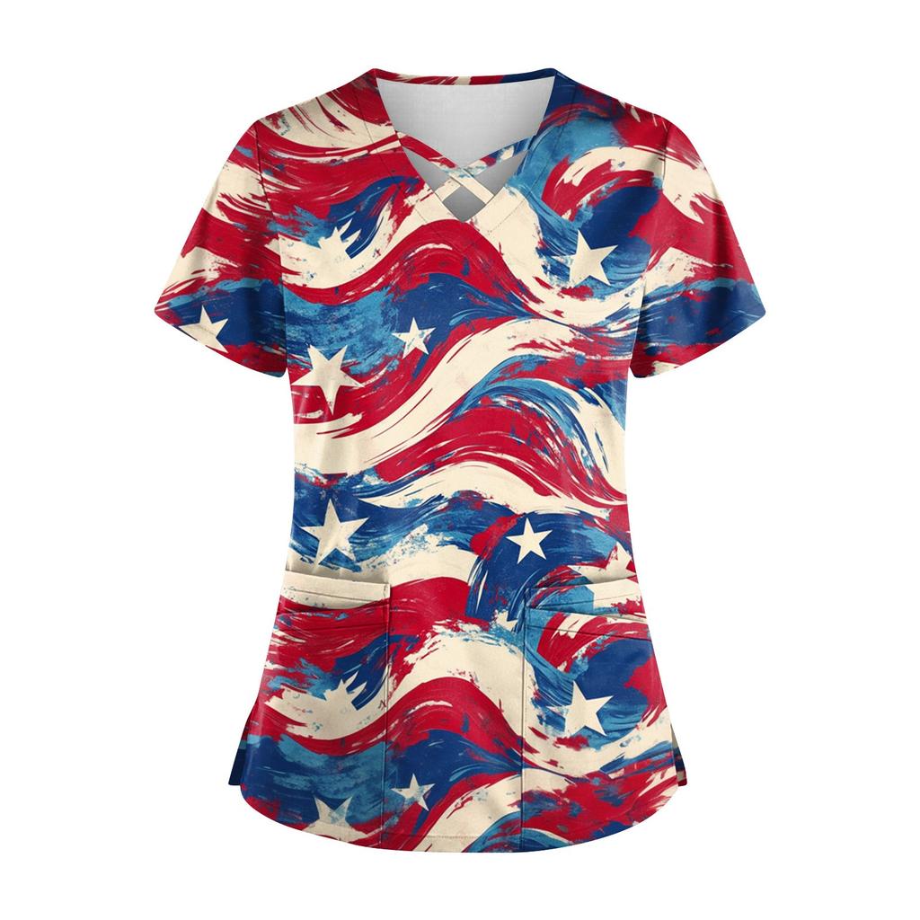 Women's Short Sleeve Stagger V Neck  Print Pocket Dry-nurse Top