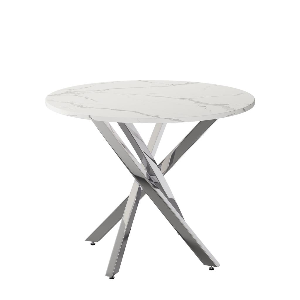 Runder Esstisch, 80 x 80 x 75 cm, Tischplatte in Marmoroptik, Beine in verzinktem Silber, moderner minimalistischer Stil, Weiß + Silber
