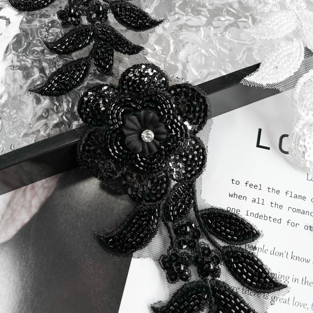 Black And White Two-Color Beaded Sequins Three-Dimensional Flower Mesh Accessories Barcode Clothing Dress Luggage Decoration Lace Accessories
