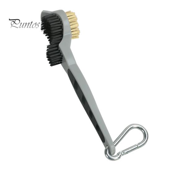 

Двухсторонняя щетка для клюшек для гольфа с нейлоновой щетиной, нескользящая ручка, компактный дизайн, портативная быстросъемная щетка для клюшек, скребок для чистки серый