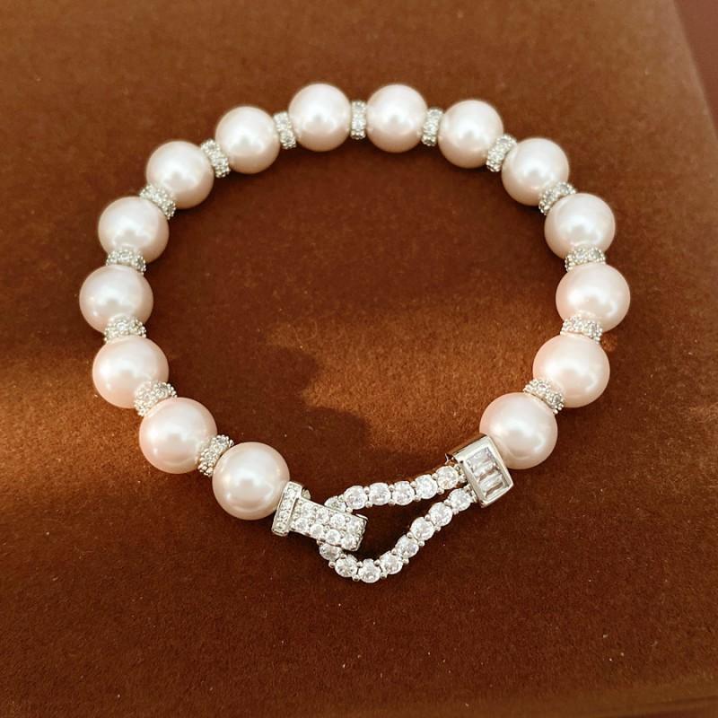 Elegant Zirconia-Embellished Pearl Bead Bracelet Women French Vintage Style Geometric Design Gold Or Tone Bracelet - Silver Tone - Pink