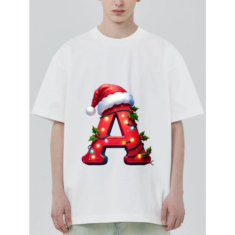 Christmas Letter A T-Shirt Black Santa Hat and Lights Print Holiday Party Wear