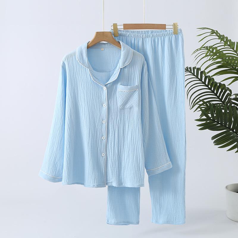Spring and Autumn New Women's Pajama Set 100% Cotton Solid Color Lapel Long Sleeved Pants Home Furnishing Two Piece Set