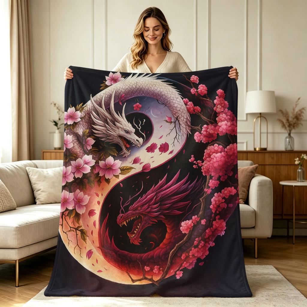 All Season Flannel Blanket with Yin Yang Dragon And Cherry Blossom Print Soft Warm Throw Blanket for Couch Sofa Bed Office Living Room Home Decorative