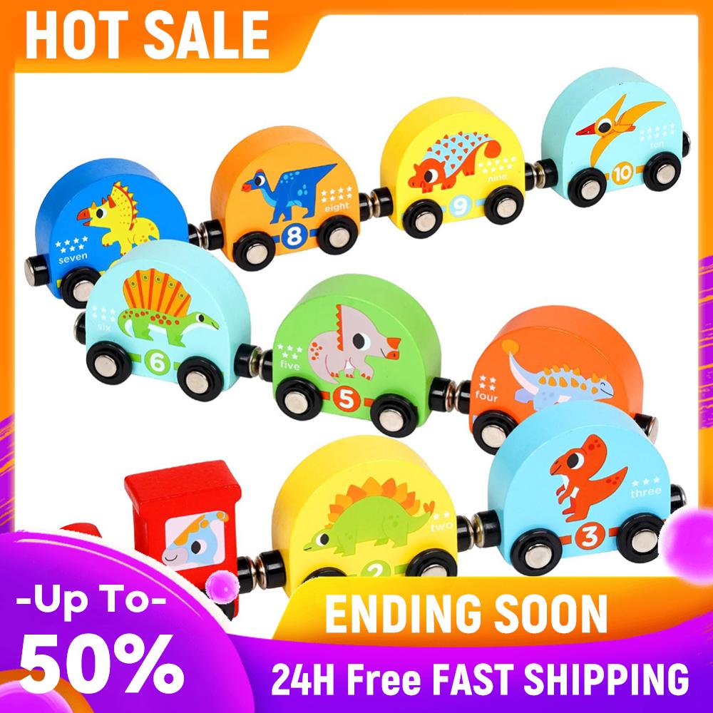 Magnetic Wooden Dinosaur Train Set Montessori Toys Montessori Preschool Educational Learning Toy Number Train Toys for Toddlers