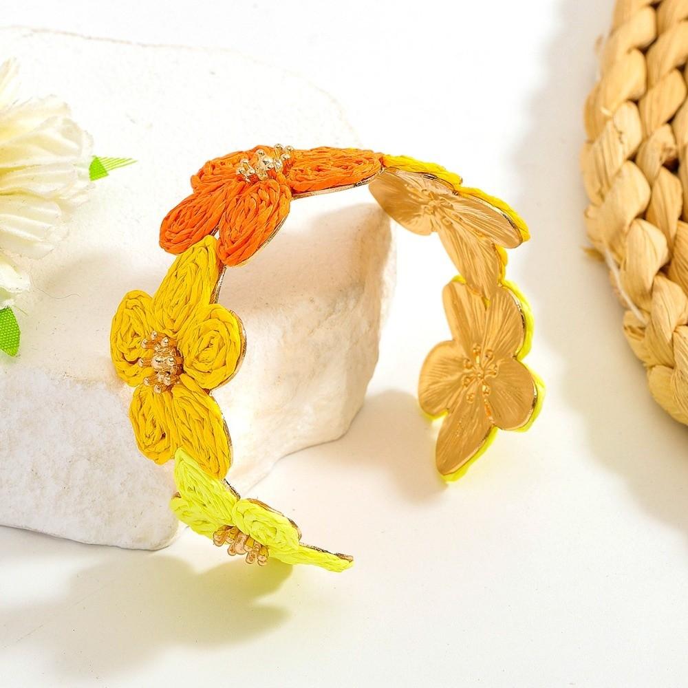 Colorful Woven Flower Bangle Vintage Hand Ring Retro Raffia Grass Bracelet  Gift