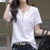 Women Summer V Neck Short Sleeve T-shirt Solid Color Waist Slim Korean Style Casual Commuter Blouse With Buttons
