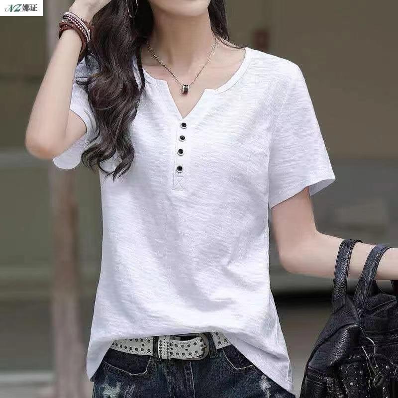 Women Summer V Neck Short Sleeve T-shirt Solid Color Waist Slim Korean Style Casual Commuter Blouse With Buttons