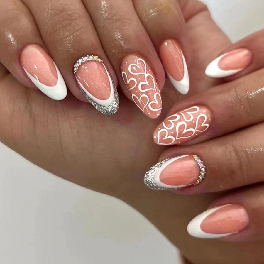 European Almond Shape White Heart-Enhancing Long Pointed Shiny Nails